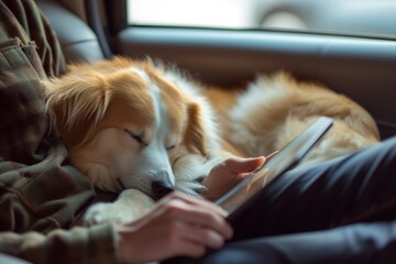 Poster - owner using tablet with dog sleeping beside on seat