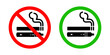 © Konstantin - No smoking no vaping and smoking area sign set. Forbidden sign icon isolated on white background vector illustration. Cigarette, vape in prohibition circle and green allowed area.