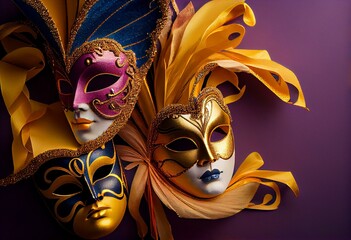 Wall Mural - Colorful group of Mardi Gras or venetian mask on yellow. Generative AI