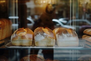 Sticker - baked bread with a crispy crust in a glass display