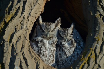 Poster - owls roosting in a shadowy tree hollow