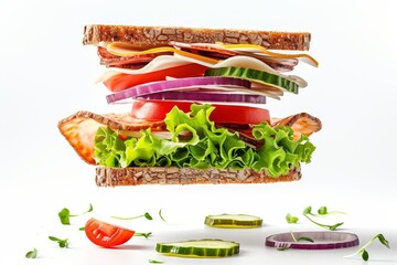 Poster - Floating ingredients on white background enhance the taste of a delectable sandwich