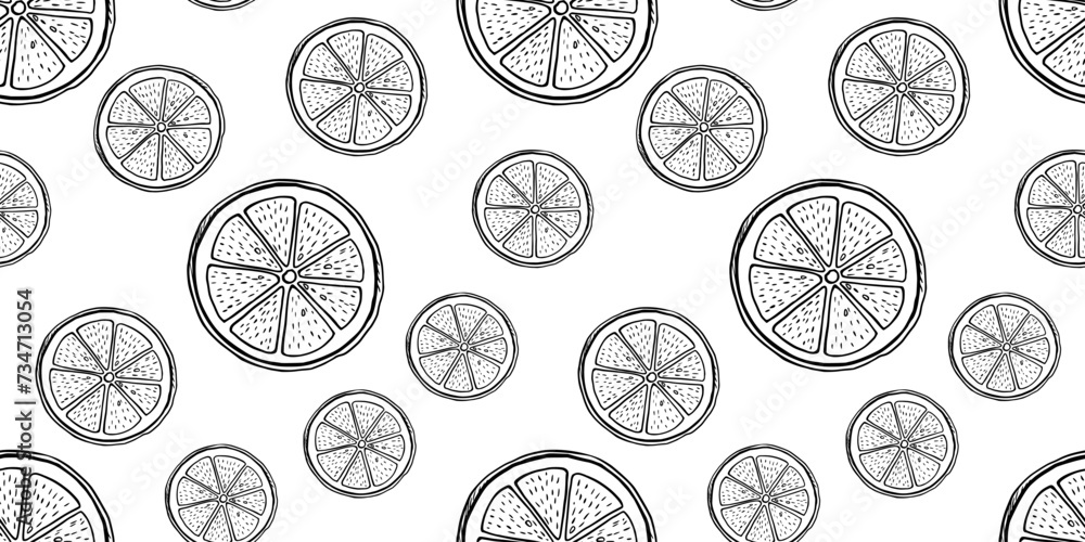 Hand drawn vector monochrome seamless pattern with etching lemon piece ...