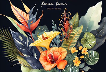 Wall Mural - Watercolor bouquet with bright tropical leaves and flowers. Strelitzia, calla lilies, monstera leaf. Jungle floral arrangements. Hand-drawn botany arrangements. Modern tropical. Generative AI