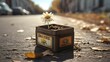 Medium close-up, realistic, A matchbox full of dirt with a beautiful daisie planted in it, shining in the autumn sun on a road in an abandoned city, fiction, 8k resolution, hyper realistic, day, 35mm 