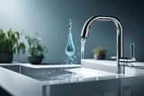 Fototapeta Londyn - modern, minimalist faucet exhibits a solitary droplet of water as it descends, symbolizing the significance of conservation and responsible water usage