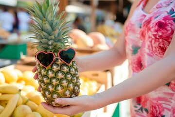 Wall Mural - person at a fruit stand holding pineapple with heartshaped sunglasses