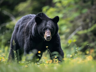 Wall Mural - A solitary black bear roaming through a spring forest with green foliage.