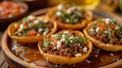 Freshly made Mexican sopes on display inside rustic wood plate.