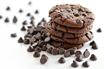 Sticker - Homemade dark chocolate chip cookies stacked on a white surface