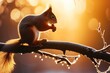 backlit squirrel on limb with hazelnut in evening
