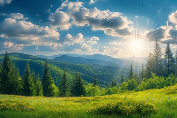 Wall Mural - Panorama of spring mountain landscape with forest and sun