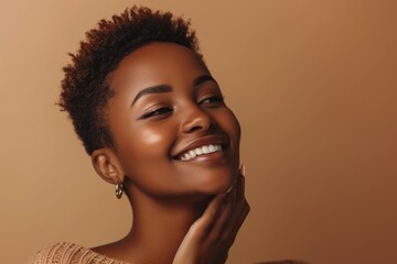 Wall Mural - Happy black woman with short hair caressing her smooth neck skin attractive African American lady relishing beauty treatments standing against brown background