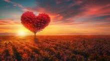 Heart-shaped Tree Growing On A Flowery Plain, Bathed In The Warm Glow Of The Setting Sun