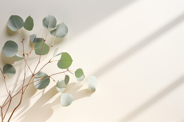 Poster - Eucalyptus leaves arranged on white wall. Perfect for adding touch of nature to any space