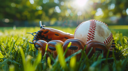 Canvas Print - Baseball and Glove in Grass Close-up Shot, Close-up of a used baseball and leather glove lying in vibrant green grass.