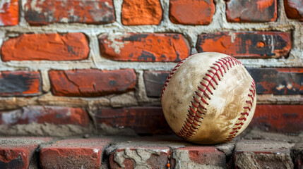 Wall Mural - Vintage Baseball on Red Brick Background, A worn baseball rests against a vibrant red brick wall, evoking nostalgia sports themes.