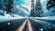Picture of snowy road with yellow line in middle. Suitable for transportation and winter themes