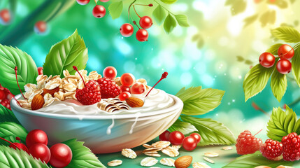 Wall Mural - Delicious bowl of yogurt topped with fresh berries and crunchy nuts. Perfect for healthy breakfast or snack