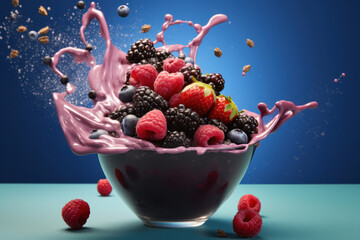 Wall Mural - Fresh berries splashing into yogurt bowl on vibrant background. Healthy food and lifestyle.