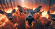 A group of wild deer stands in the burning forest. Close up of a deer with open mouth and panicked look. Emotional appeal for rescue. Concept image on the subject of climate protection.