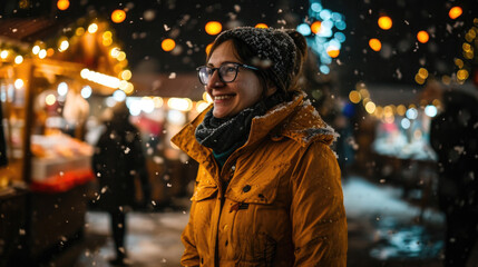 Woman standing in snow at night. Ideal for winter-themed projects and holiday designs