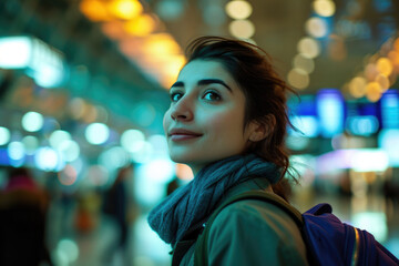 Poster - Woman with backpack gazes up at sky. Perfect for travel or adventure concepts