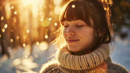 Poster - Woman standing in snow with her eyes closed. This image can be used to represent peace, serenity, or mindfulness in winter or holiday-themed projects