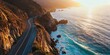 A coastal highway with sheer cliffs on one side and a turquoise ocean on the other, as the sun rises over the water