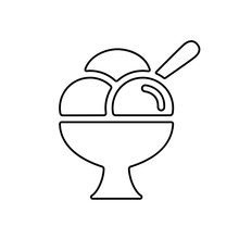 Ice Cream Cup Line Icon, Black Outline On White. Three Balls Of Frozen Custard Or Sorbet In Glass With Spoon. Vector Clipart Sign Or Minimalist Logo For Web Design, Illustration Of Summer Street Food.