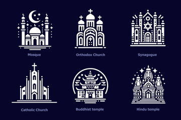 Temples and religions of the world. Houses of prayer. Synagogue, mosque, Christian churches, Catholic and Orthodox. Hindu and Buddhist temples. White icons logos on a dark background.