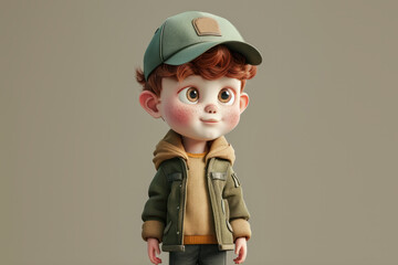 Wall Mural - stylized young boy with red hair wearing a cap and jacket on a neutral background.