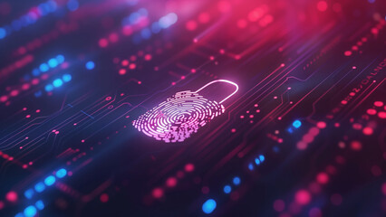 Wall Mural - Biometric Barrier: A Hologram Lock with Fingerprint Icon Amidst Data Streams