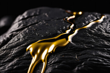 Canvas Print - Liquid gold dripping onto a rare dark black rock 