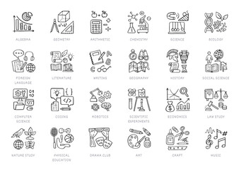 School subjects doodle icon set. Sciences - geometry, math, biology, chemistry, history, robotics, computer education, drama club line hand drawn pictograms