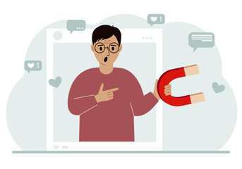 Social media influencer. A man holds a magnet in a social profile frame. Various icons.