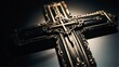 Cross on plain black background with white light flares from Generative AI