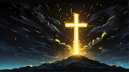 Cross on plain black background with yellow light flare from Generative AI