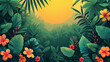 A picture of a tropical scene with flowers and leaves with copy space for text in the center