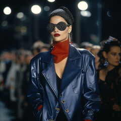 Wall Mural - A woman walking through a 1990s fashion show wearing a blue short wool coat and black knee-length skirt, thin black stockings and high heels, sunglasses and blue headscarves, and red lipstick