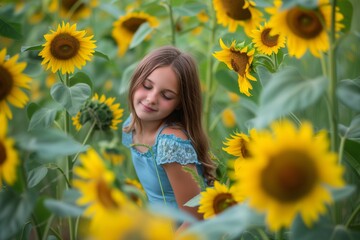 Poster - girl in blue dress surrounded by yellow sunflowers