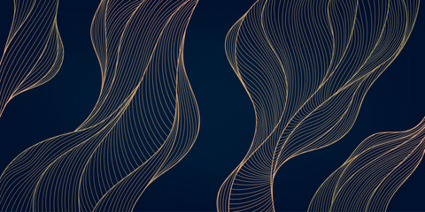 Wall Mural - Vector line gold on black background, wavy illustration. Luxury premium banner, japanese style. Flow elegant curve graphic