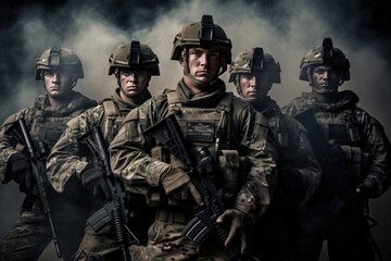 Wall Mural - Group of us army soldiers, soldiers with weapon pose for photo, men in modern uniform. Portrait of group of military, Ai generated
