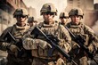 © Tanu - Group of us army soldiers, soldiers with weapon pose for photo, men in modern uniform. Portrait of group of military, Ai generated