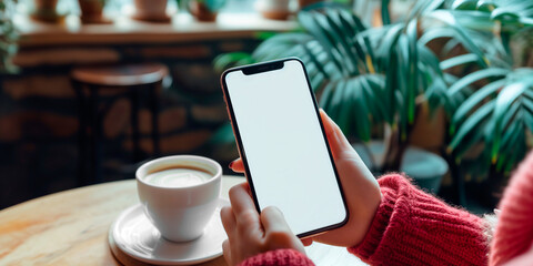 Mockup woman's hand holding using mobile phone with white blank screen at coffee shop,  mobile app design and advertising, online marketing