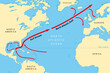 Map of the Gulf Stream with its northern extension North Atlantic Drift. Warm and swift Atlantic Ocean current, originates in Gulf of Mexico, flows  through Straits of Florida and up the US coastline.