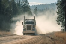 Heavyload Truck Creating A Dust Cloud On A Dry Forest Road