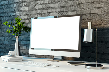 Sticker - Bright designer desktop with empty white computer monitor, lamp, supplies and other items. Black brick wall background. Mock up, 3D Rendering.