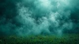 Fototapeta Perspektywa 3d - Ethereal green mist hovers over a lush grassy field, creating a mysterious and otherworldly atmosphere