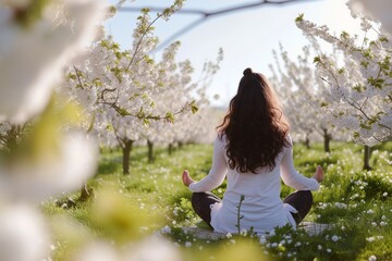 Sticker - lady meditating in a blooming cherry orchard, springtime